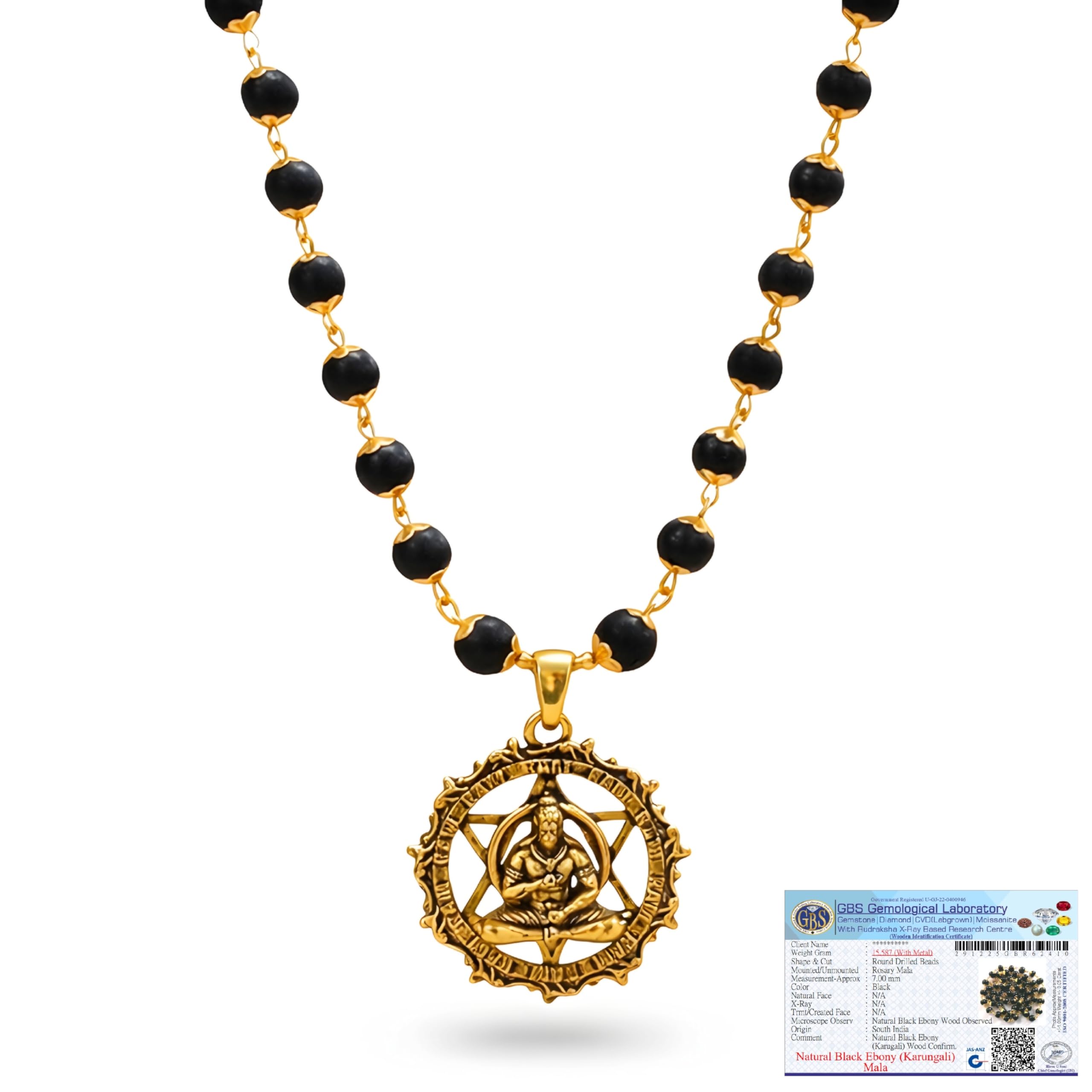 Karungali Mala with Hanuman Pendant | Black Ebony Wood Beads with Gold Plated Metal Chain | Spiritual Protection & Meditation Necklace for Men & Women
