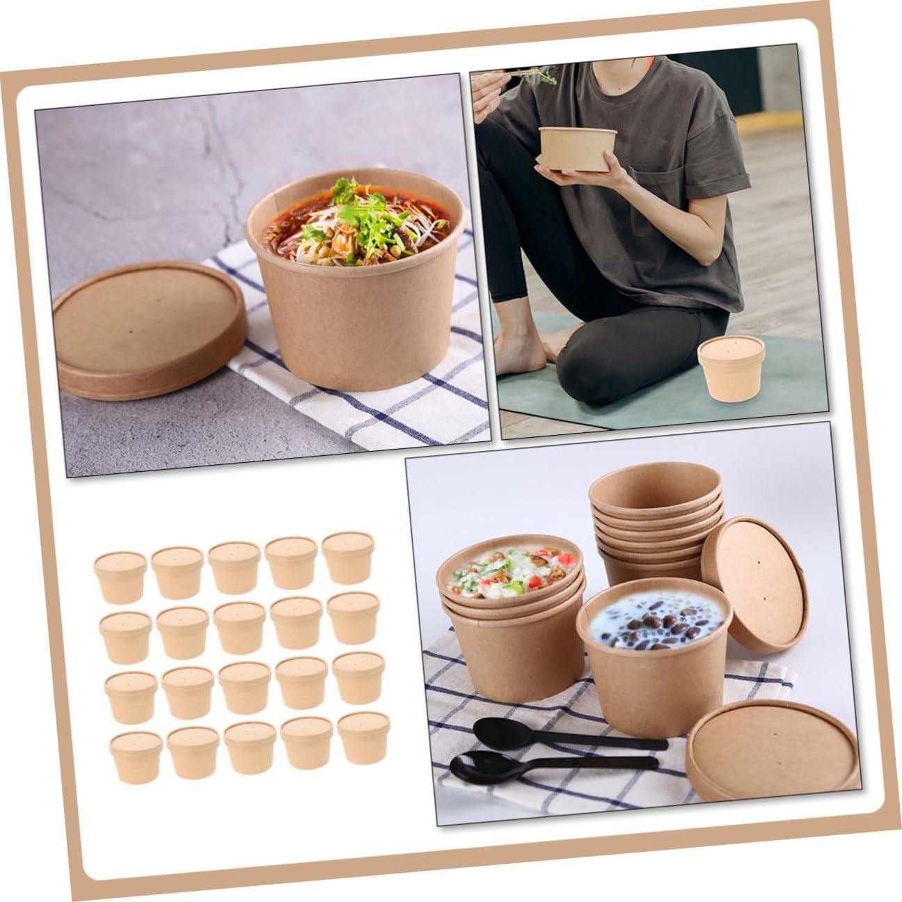 SHOWERORO 50pcs 8oz Thick Kraft Paper Soup Bowls with Lids, Disposable Ice Cream Cups for Takeout, Cold Soup Containers Suitable for Restaurants and Food