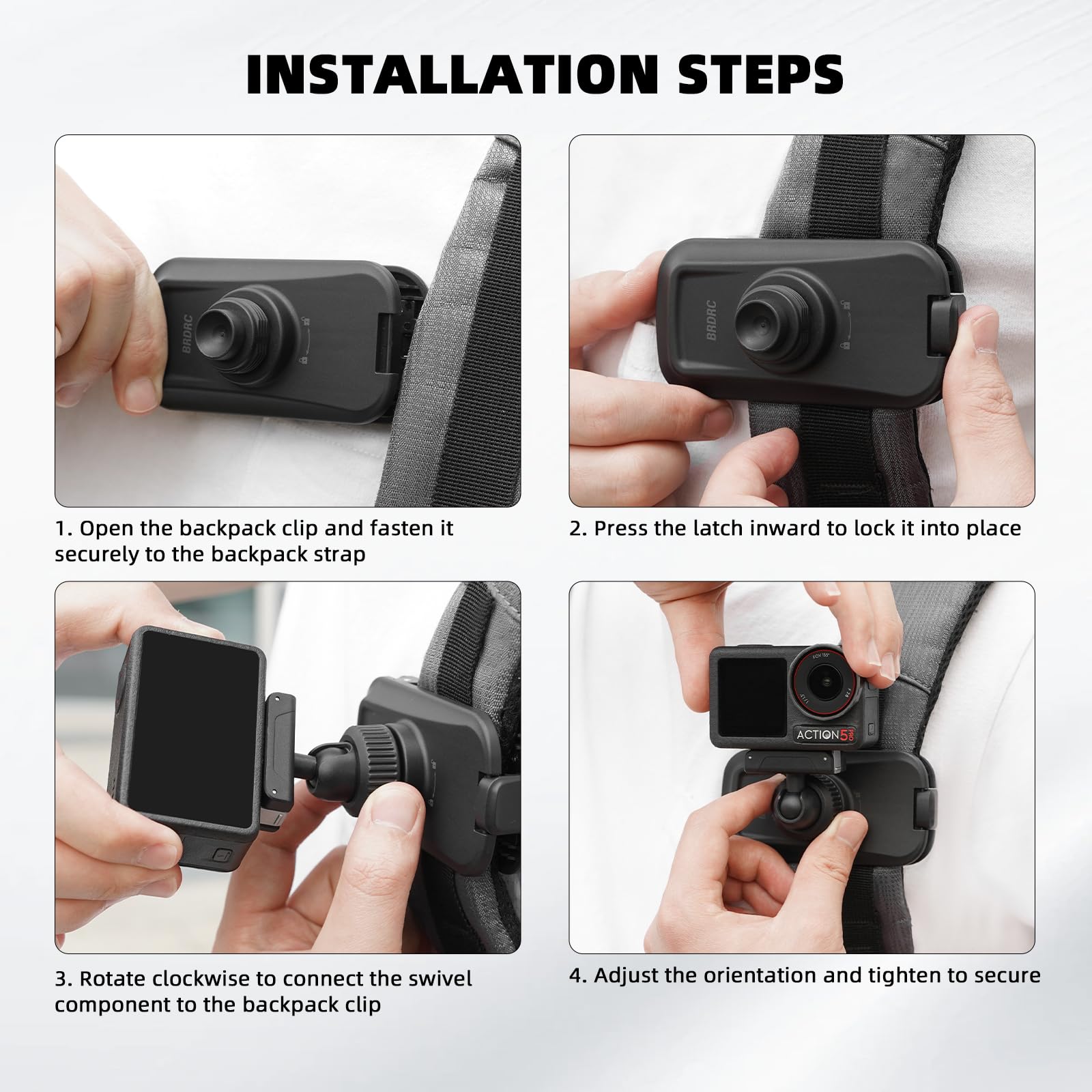 BRDRC Magnetyczny klips do plecaka z szybkim zapięciem, obracany o 360° pasek na ramię uchwyt do DJI Osmo Action 5 Pro/4/3/360, przenośny uchwyt na torbę, akcesoria do kamer akcji