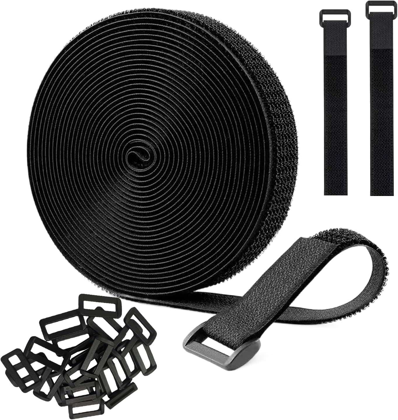 Adjustable Cable Straps with 24 Buckles 1" x 16Ft, Free Cut Length, Reusable Fastening Cable Ties, Hook and Loop Securing Strap for Cable Tidy, Wire Management, Cord Organiser, Black