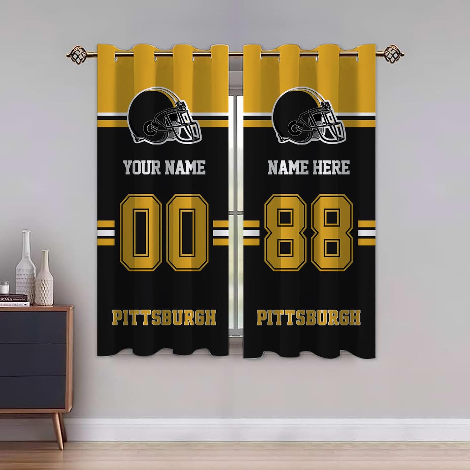 Pittsburgh Blackout Curtain Panels Custom Name Number Curtains for Bedroom Personalized Football Style Drapes Gift for Men Fans 2 Panels