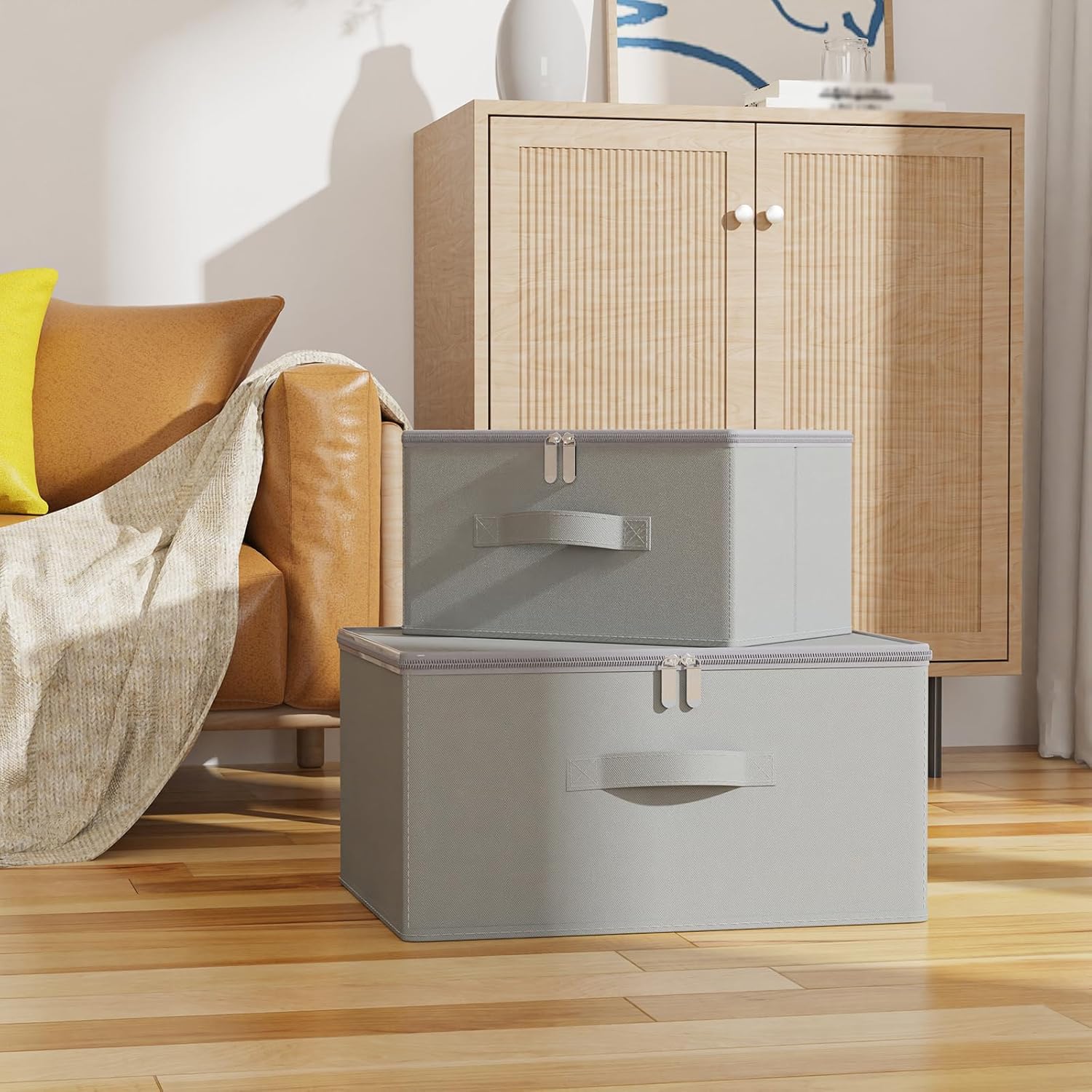 Storage Bins with Zipper, Cube Organizer Basket with Lid, Collapsible Stackable Closet Boxes, for Home and Bedroom, 4 Pack, Grey, 11.8 x 7.9 x 6.3 In, XSNY16GS-4