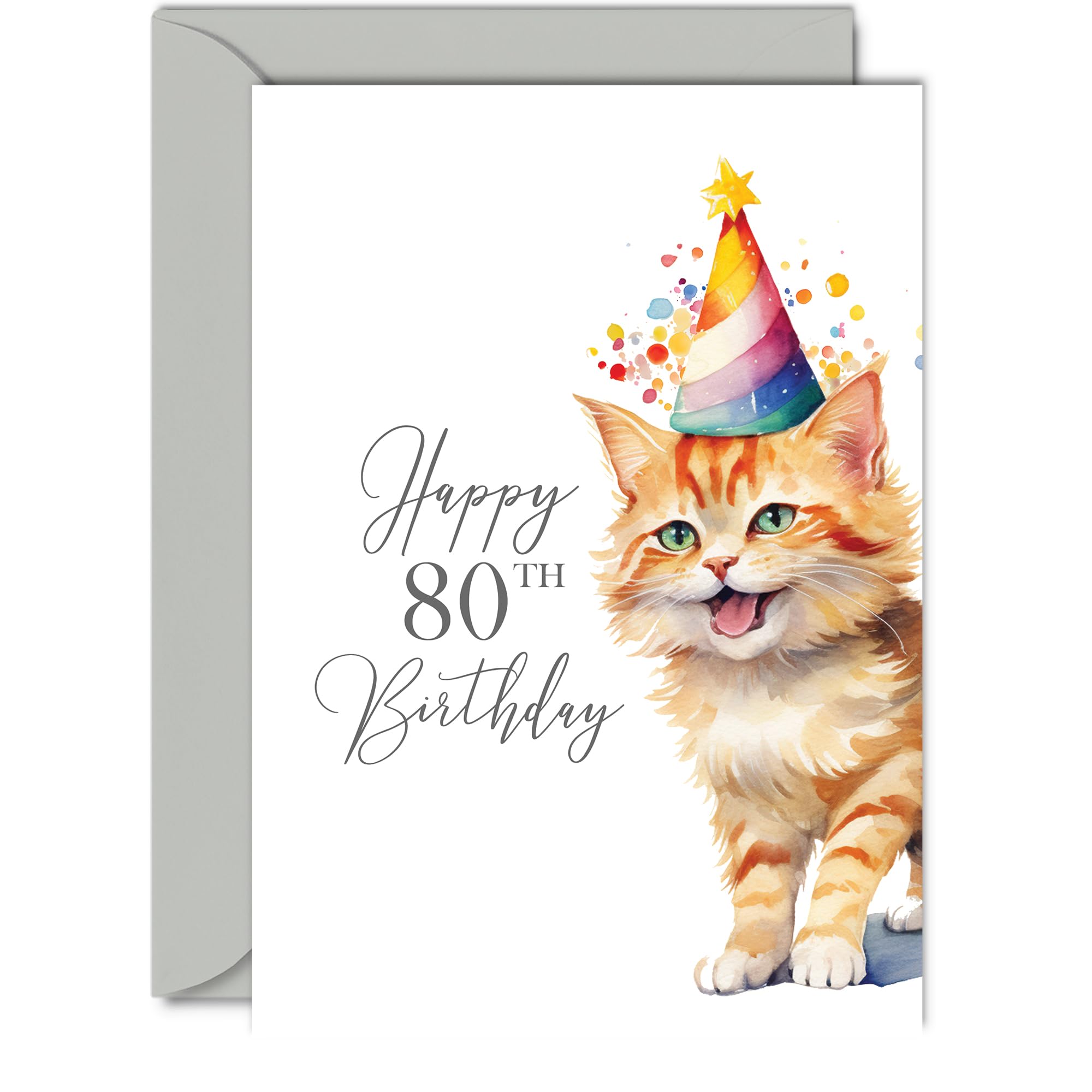 80th Birthday Cards for Men Women - Party Cat Kitten - Happy Birthday Card for 80 Year Old Man Woman Grandad Nan Grandma Dad Mum Uncle Auntie Cousin, A5 Bday Greeting Cards