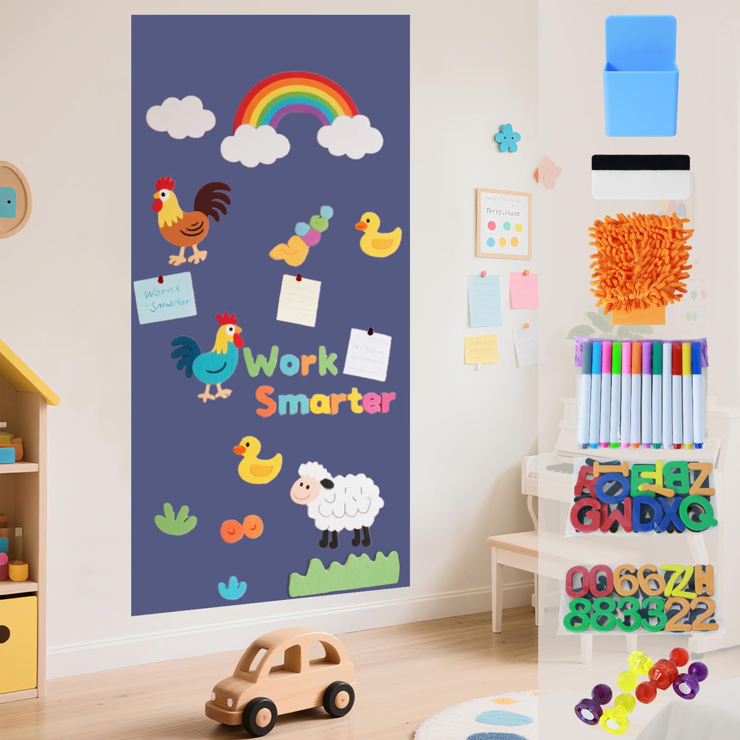 FOTSHARER Autocollant mural magnétique rectangulaire avec lettres pour salle de jeux, salle de classe, bleu poussiéreux, 120 x 45 cm