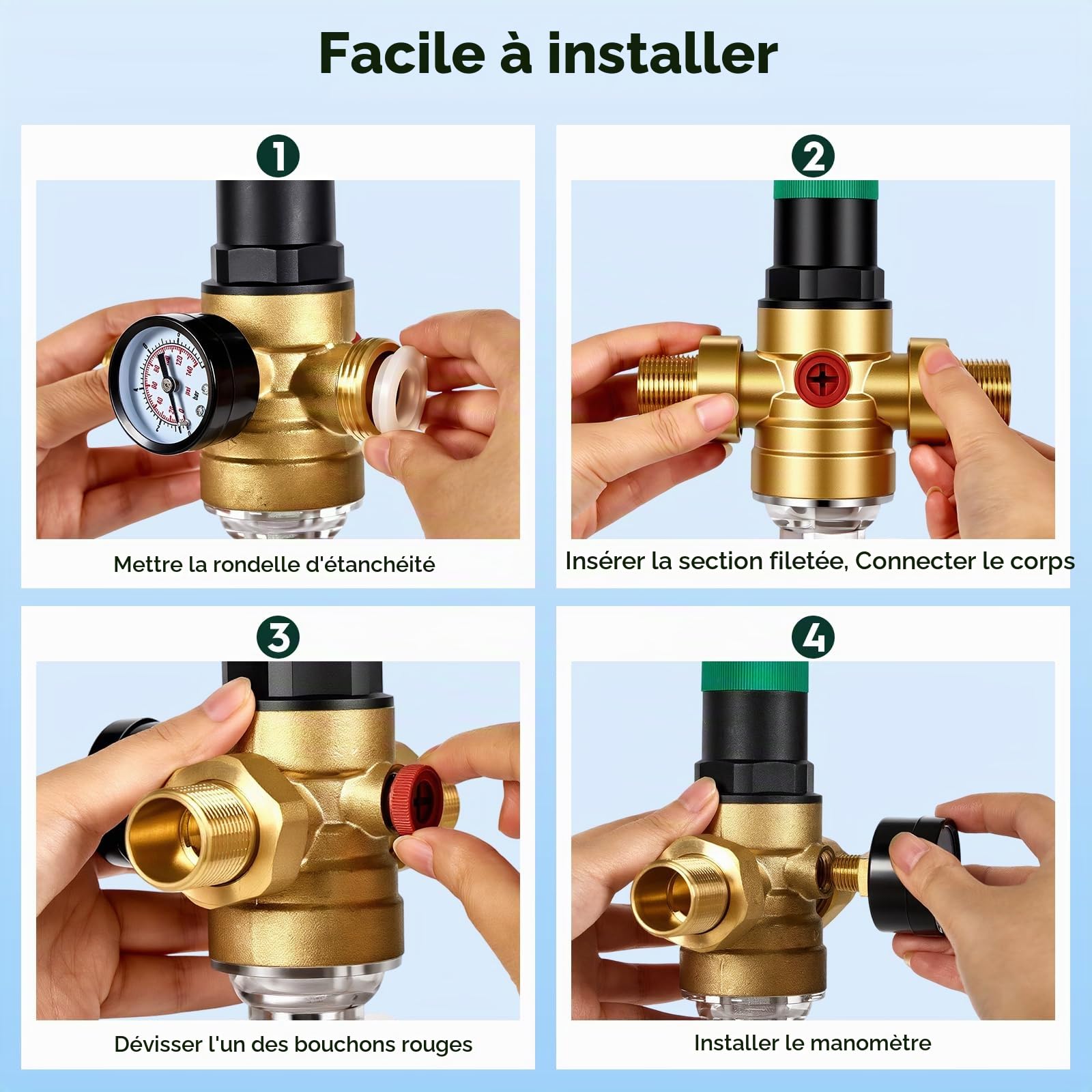 3/4 Pouce Reducteur de Pression Eau, Limiteur de Pression en Laiton Épaissi avec Manomètre et Filtre à Mailles, Régulateur de Pression d’Eau pour Maison, Bâtiment, Usine, Jardin, Chauffage Gaz