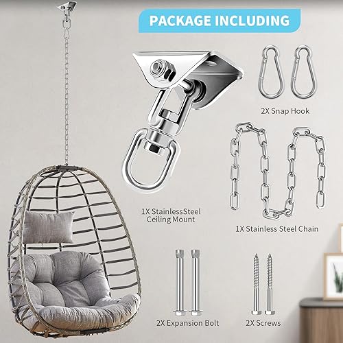 Miniatura 2 de Morzejar - Kit para colgar hamaca con cadena de columpio, ganchos de hamaca de acero inoxidable de 1000 libras de capacidad resistente, kit colgante
