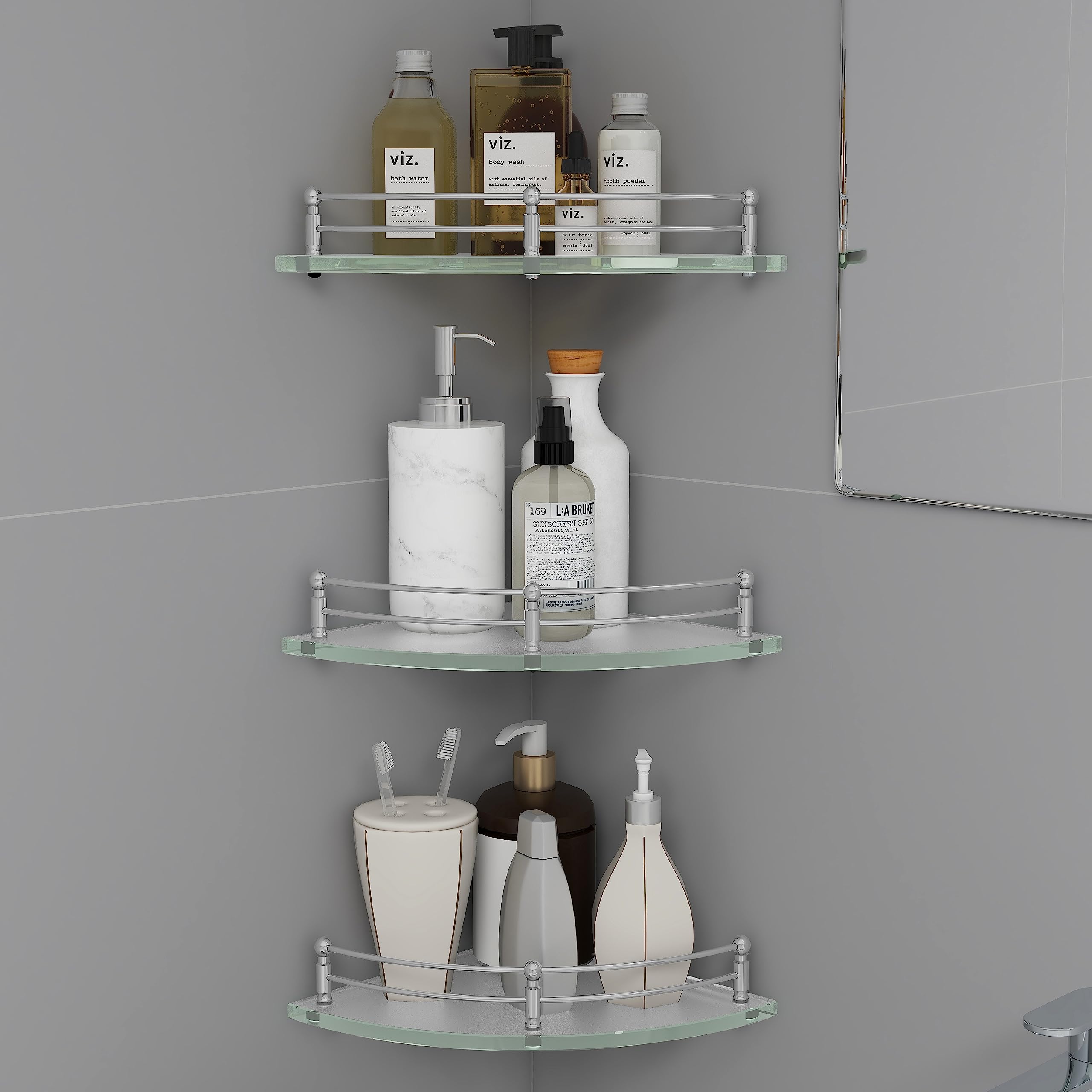 Plantex Corner Glass Shelves for Bathroom/Living Room Corner Wall Storage Organizer with Stainless Steel Railings (9x9 Inches, Frosted) - Pack of 3 (B0CCDPRD7Y) Amazon Price History, Amazon Price Tracker