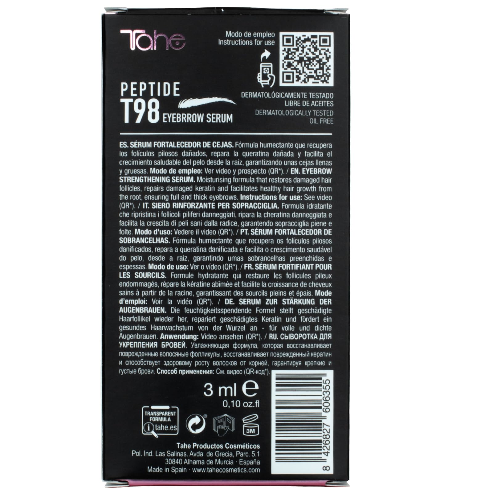 Tahe Peptide T98 Eyes EyeBrow Stärkendes Augenbrauen-Serum mit Hyaluronsäure, Panthenol, Protein und Kürbiskernextrakt, 3 ml