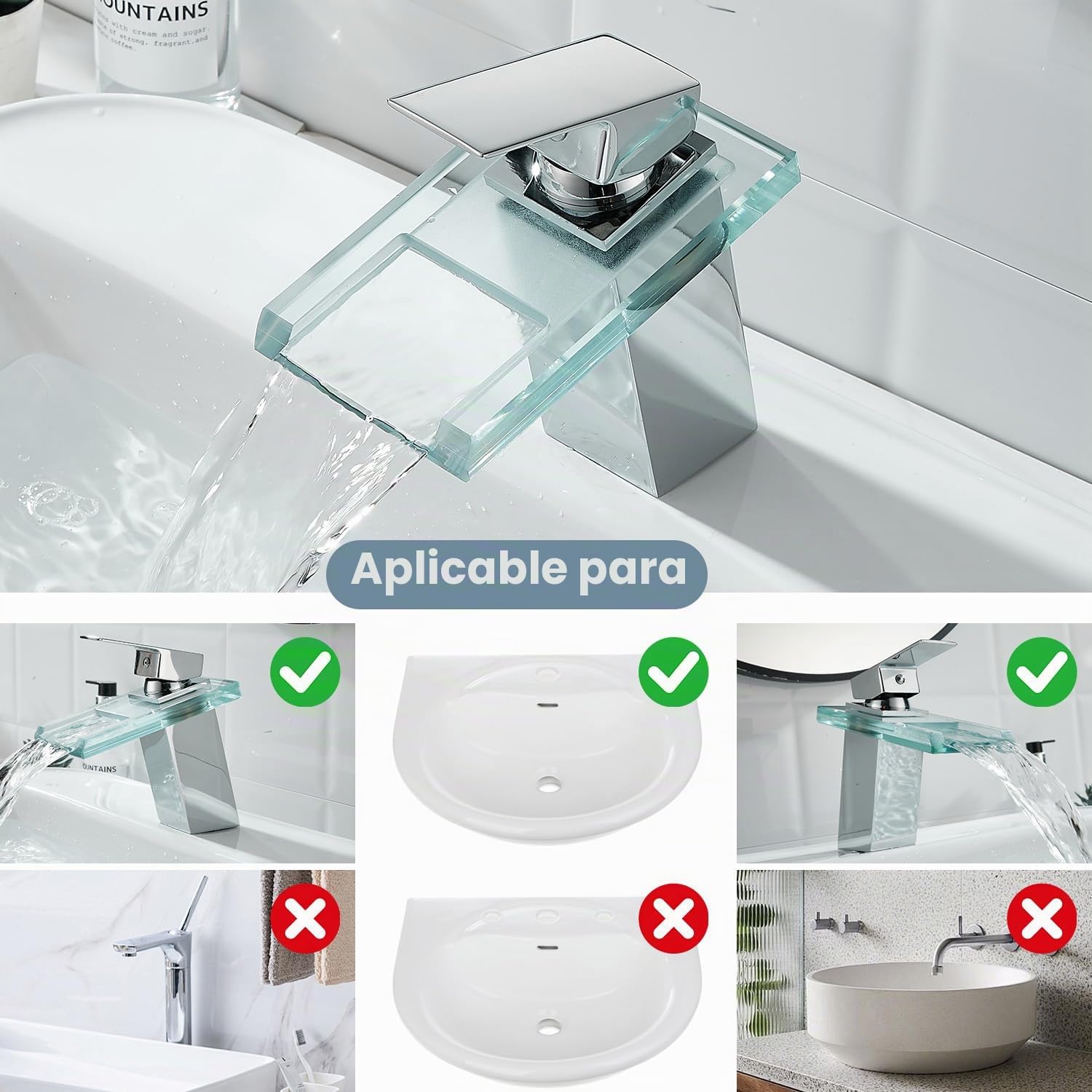 Grifo de baño, Armadura de cascada de vidrio para el baño, Grifo de lavabo monomando, Cromo