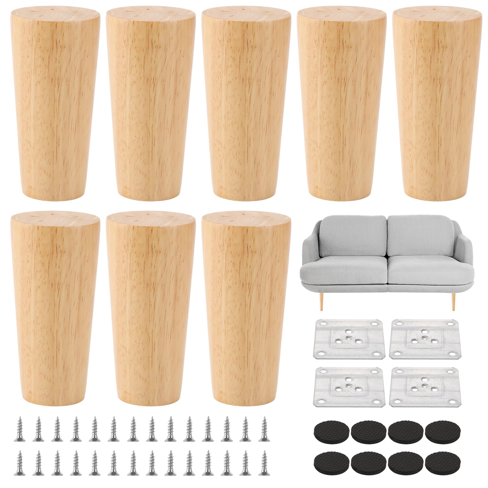 AKOLAFE 8 Piezas Patas para Muebles Madera Roble 10 cm Rectas | Incluye Placas, Tornillos y Almohadillas Antideslizantes; para Sofá, Cama, Armario y Mesa
