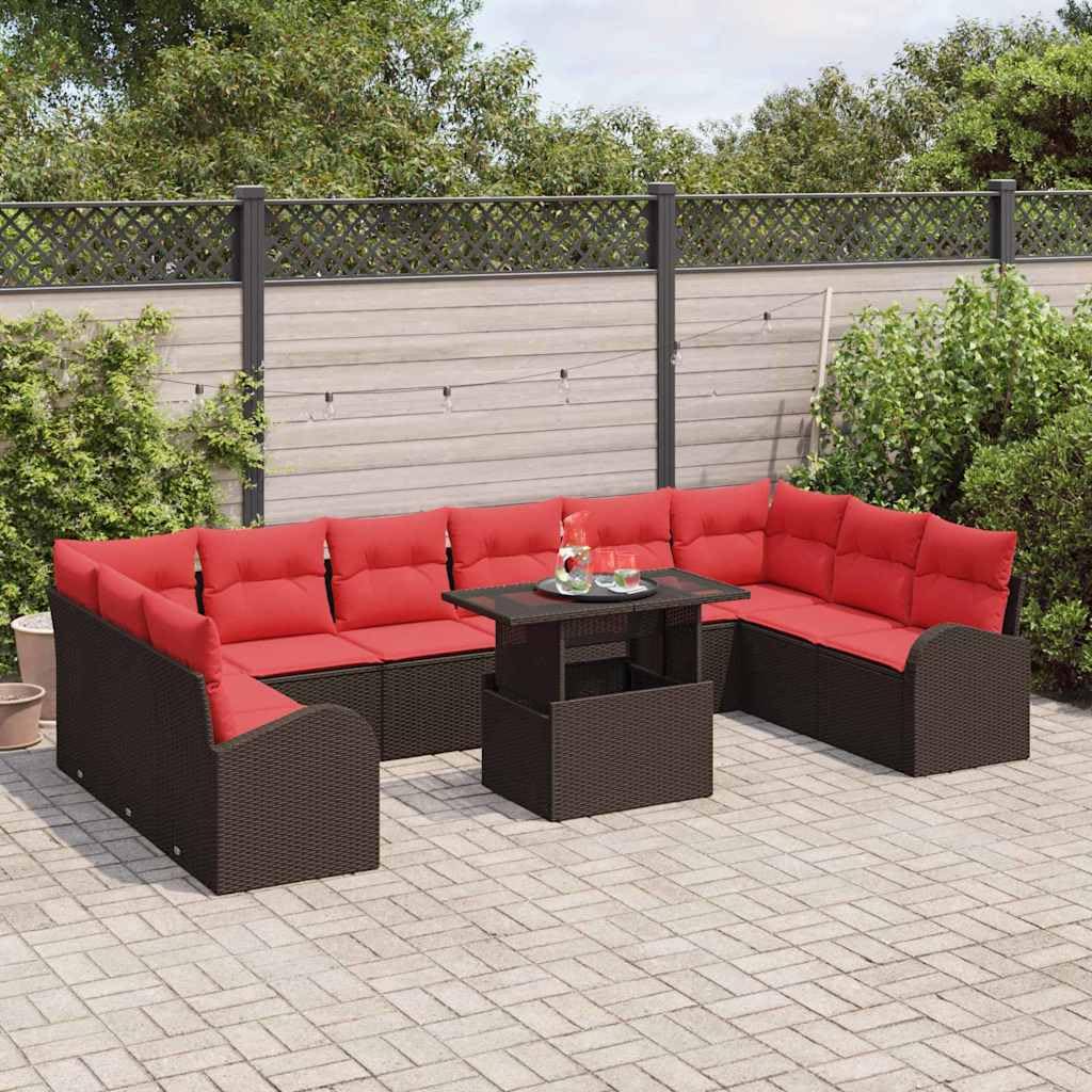 Set di divani da giardino in polyrattan, 11 pezzi, tavolo marrone | Salotto modulare per 10 persone per terrazza e balcone, rattan intrecciato resistente alle intemperie con cuscini rossi e