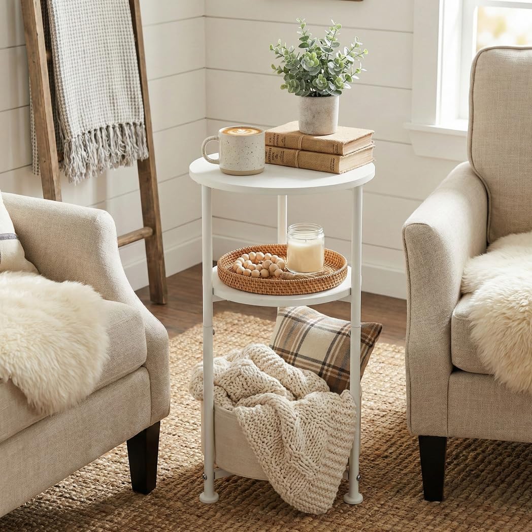 Small Round Side Table with Storage Basket, 3-Tier Narrow End Table Nightstand for Living Room Bedroom, 11.8" Diameter Modern Bedside Table for Small Spaces, Wood Grain & Metal Frame (White)