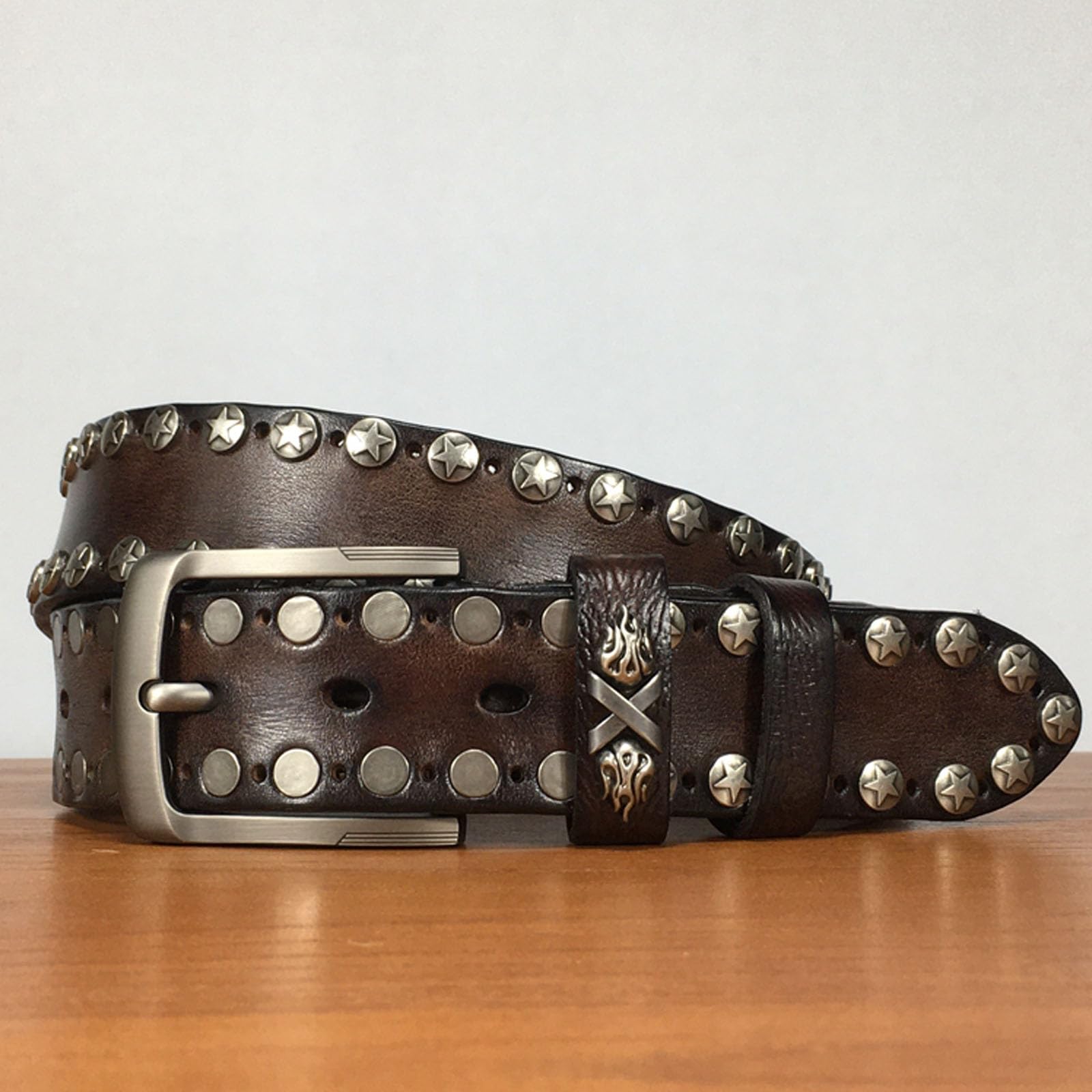 Cinturones Hombre Rivet, Cinturon Remache Ajustable Retro Punk Rock, Cinturón Occidental Tachonado de Cuero Genuino con Hebilla de Metal Aleación,Marrón,120CM/47.3''