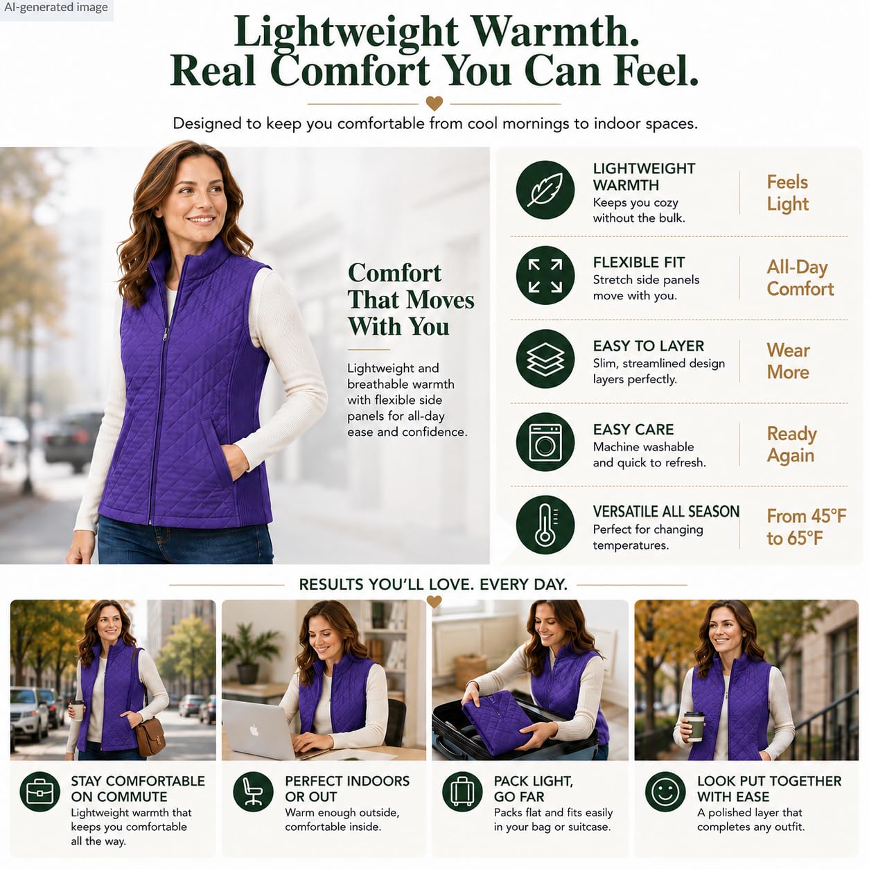 Bienzoe Gilet matelassé décontracté pour femme : veste légère et pliable sans manches, violet, 3X-Large
