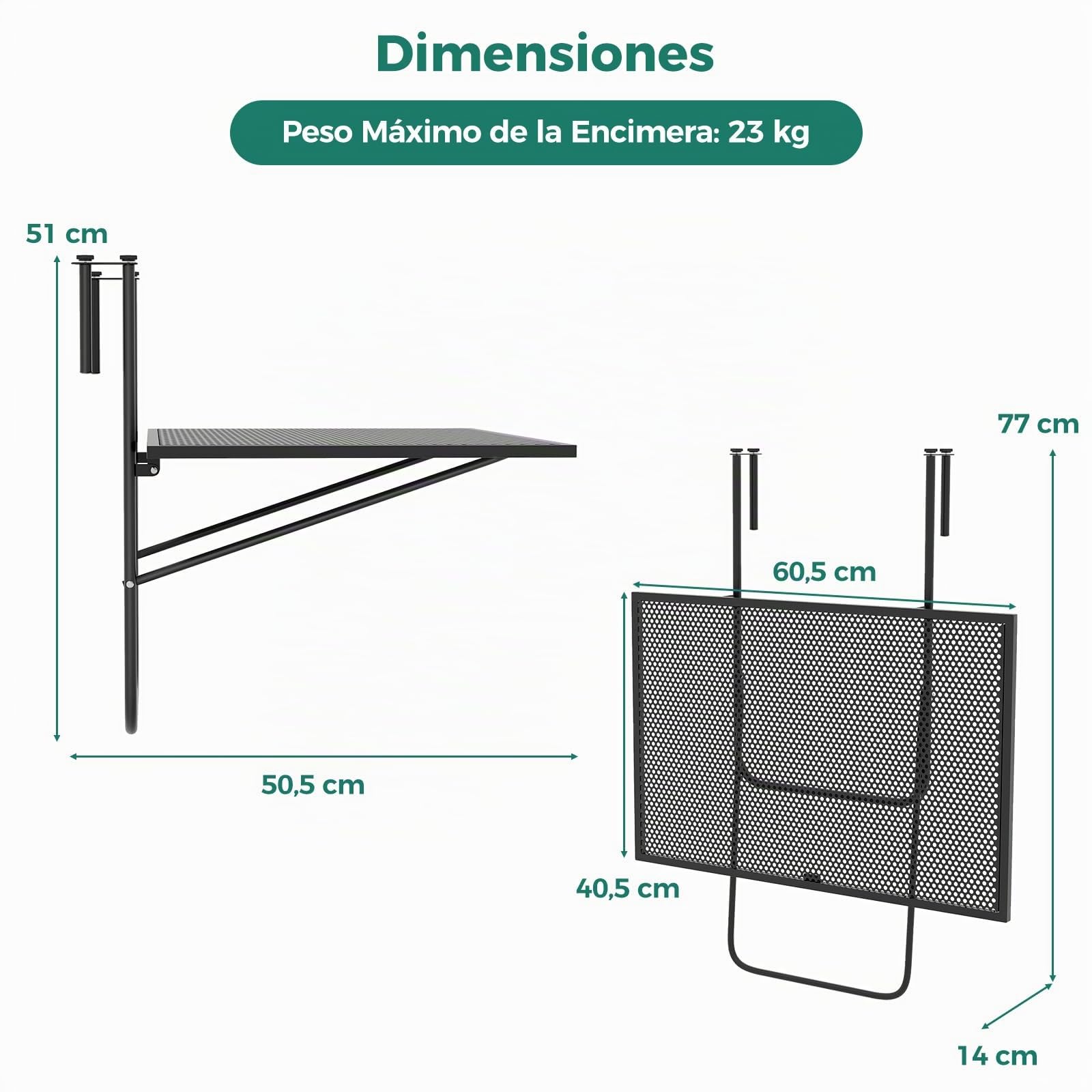 COSTWAY Mesa Colgante de Balcón,Mesa Plegable con Barandilla, Estructura de Metal Carga hasta 20kg, 60,5x40,5cm (Altura Fija)
