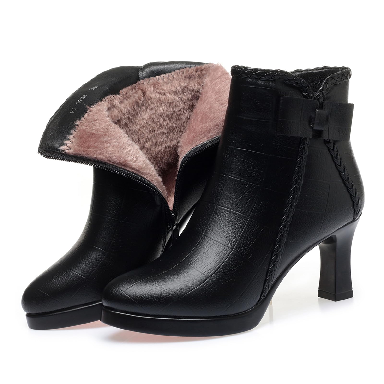 Womens Pointed Toe High Heel Ankle Boots Side Zip Comfortable Fur Lined Autumn Winter Kitten Heel Dress Booties