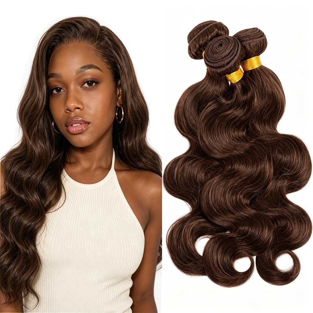 Color #4 Human Hair Chocolate Brown Body Wave Bundles 30 32 34 inch