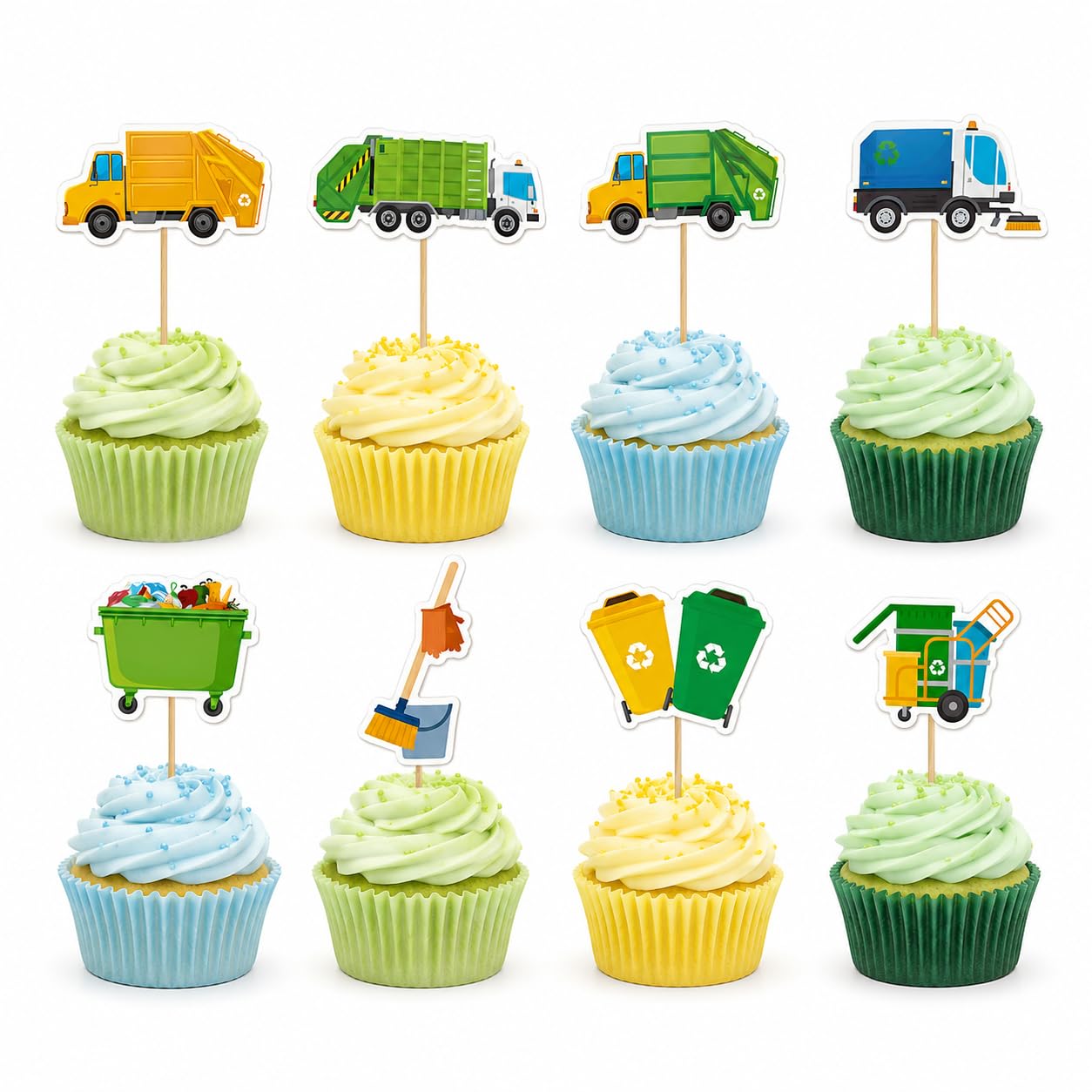 Arthsdite 24 Pcs Garbage Truck Cupcake Toppers Trash Truck Cake Decorations Recycle Bin Cleaning Cupcake Picks for Kids Birthday Classroom Party Supplies