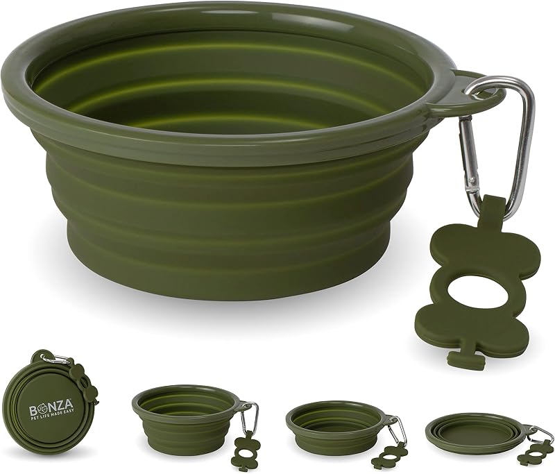 Tigela dobrável para cães Bonza de silicone com borda reforçada e mosquetão, Moss Green, 33 oz (935 mL)