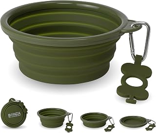 Bonza Collapsible Dog Bowls - Large 33 oz, Dog Travel Accessories, Silicone Portable Dogs Bowl & Water Dish with Reinforced Rim & Carabiner for Hiking, Camping, and Car Trips, Moss Green
