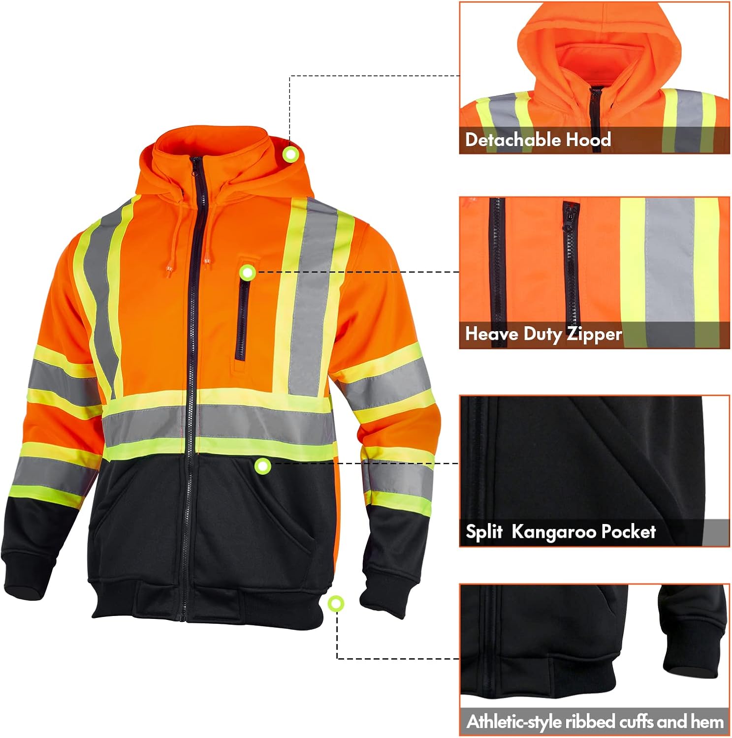 VENDACE High Visibility ANSI Class 3 Reflective Safety Fleece Sweatshirt Hoodie for Men with Detachable Hood(Orange,L) - Image 4