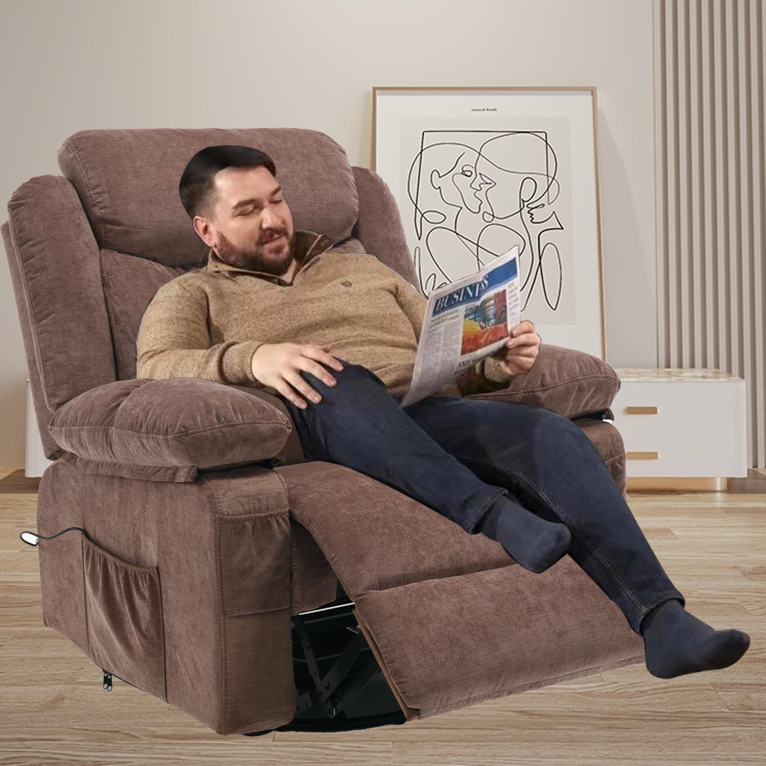 Overstuffed Swivel Rocker Recliner Chair with Massage and Heat, Oversized Rocking Nursery Recliners with Cup Holders, Fabric Manual Reclining Home Theater Chair for Adults Living Room, Brown