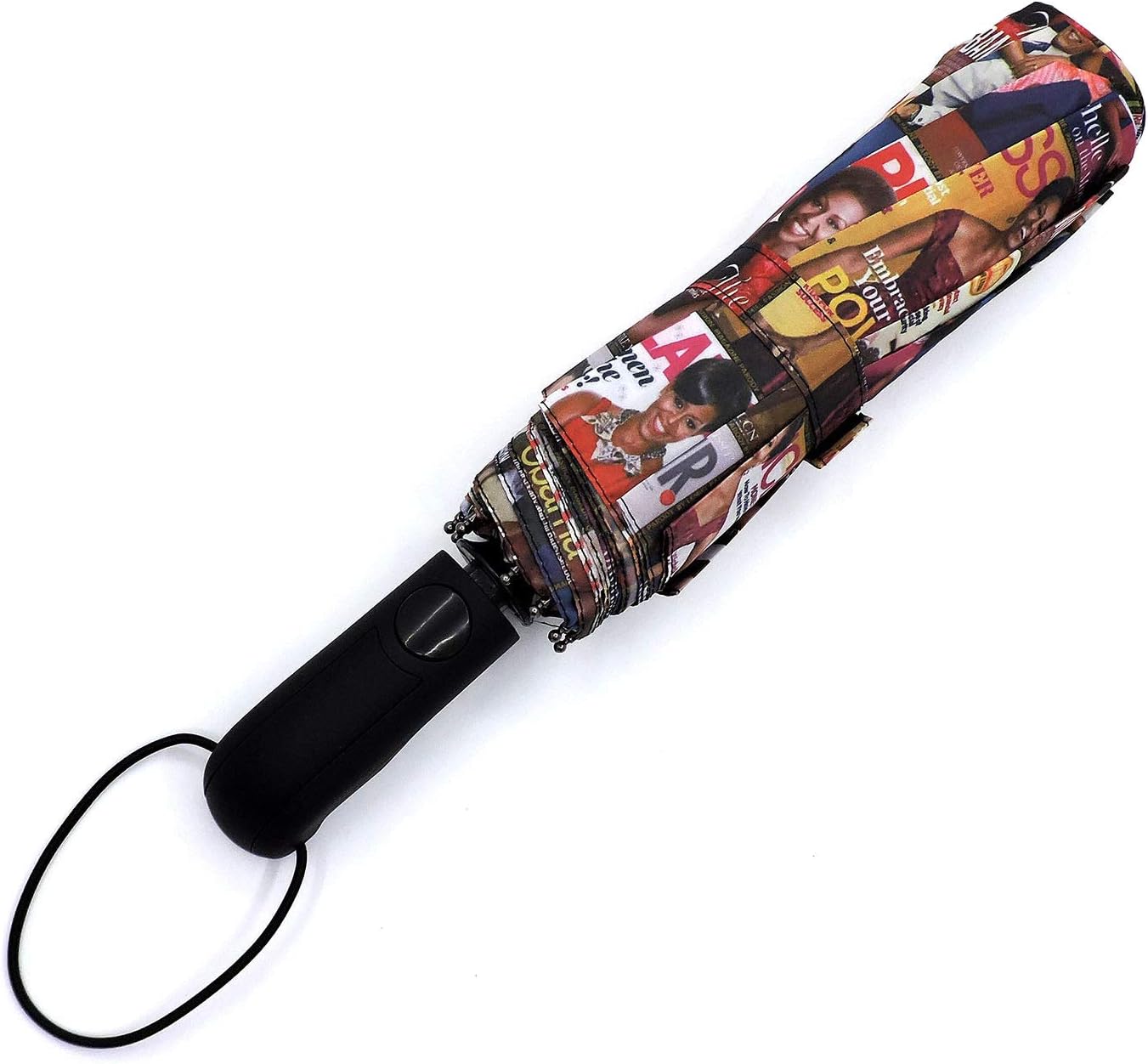 Amy & Joey Magazine Cover Collage Michelle Obama Printed Light Weight Bubble Dome Compact Retractable Folding Umbrella With Sleeve(Auto Open-Loop-Multi)