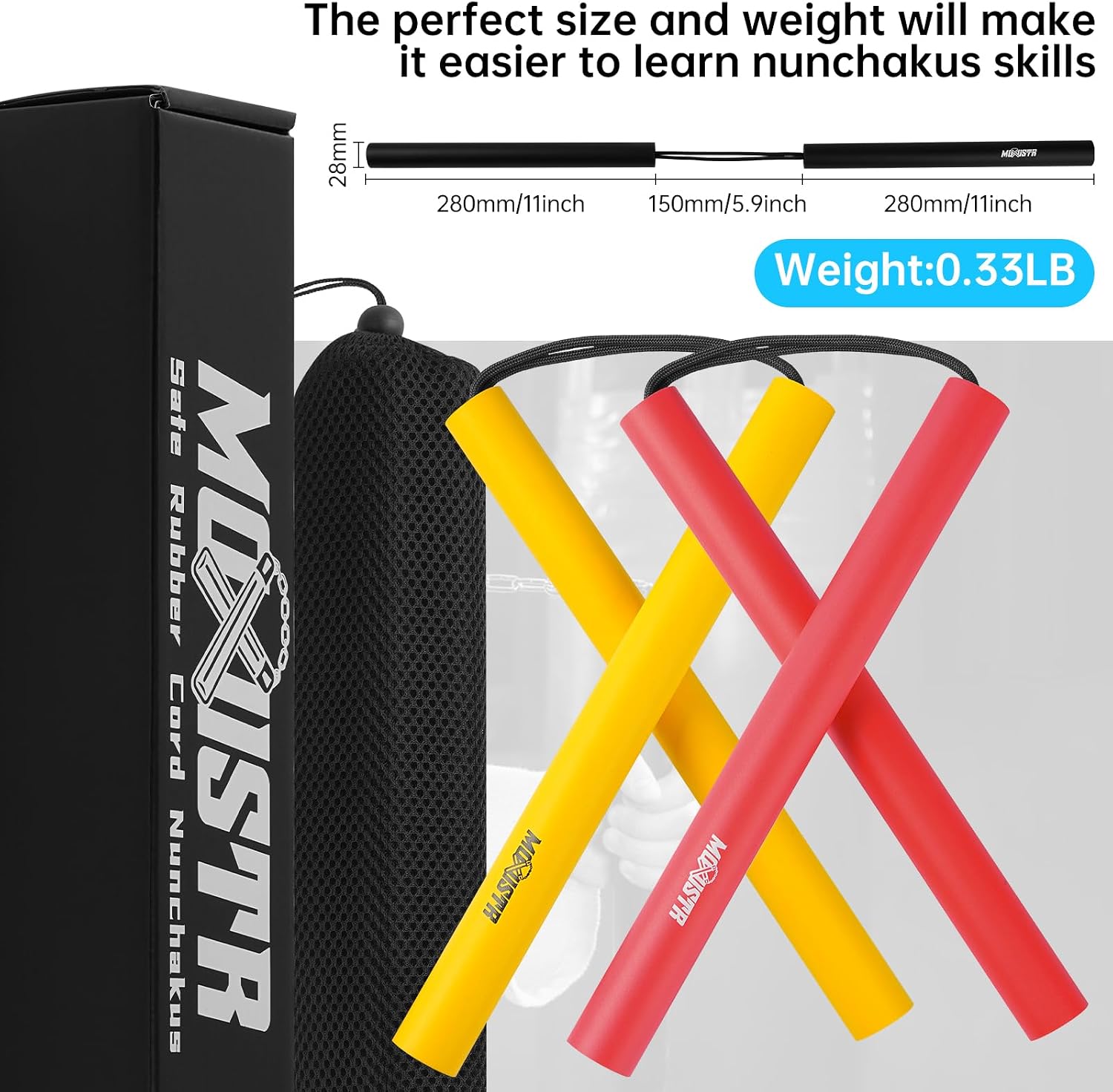 Safe Foam Rubber Cord Nunchakus Practice and Training 2 Pack | Extra-thick cushioning, non-slip surface, easy to clean, carrying case,Beginners work out anytime, whether at home & outdoor