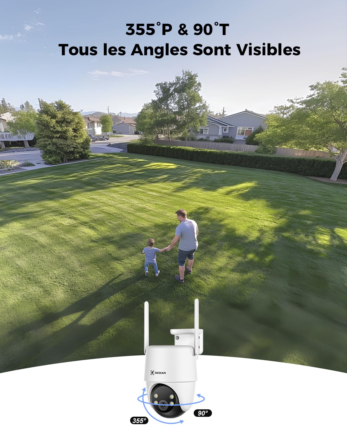 COCOCAM 24/7 AOV Camera Surveillance WiFi Exterieure sans Fil | 24/7 Enregistrement, Batterie 10000mAh Panneau Solaire 8W, 2K PTZ, Détection IA, Suivi par l'IA, Vision Nocturne 30 Mètres