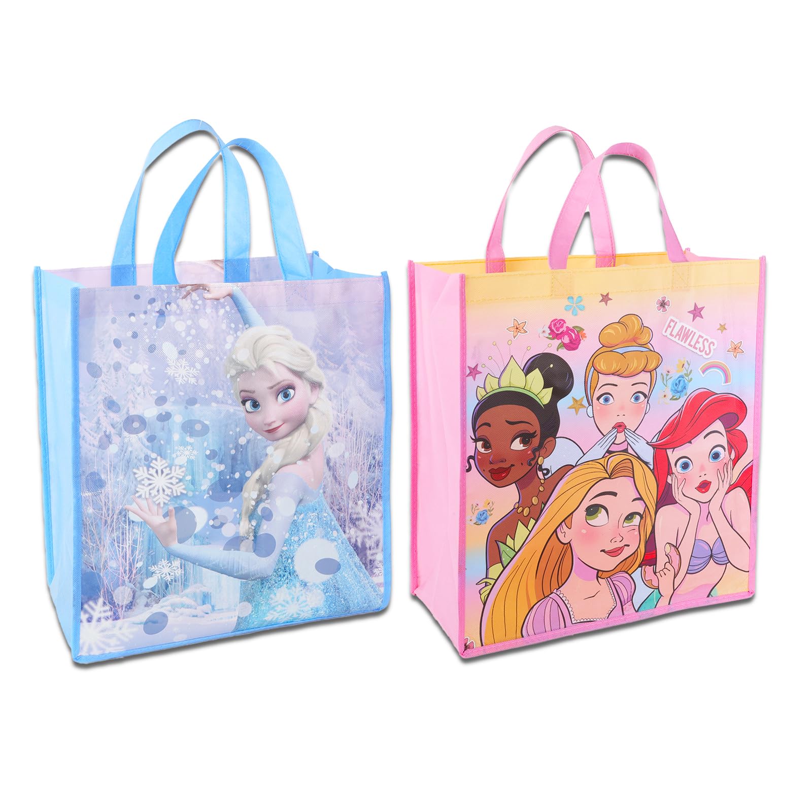 Disney Princess Tote Bag Set - Bundle of 2 Large and 1 Mini Reusable Princess Grocery Bags with Disney Princess Stickers | Princess Party Supplies