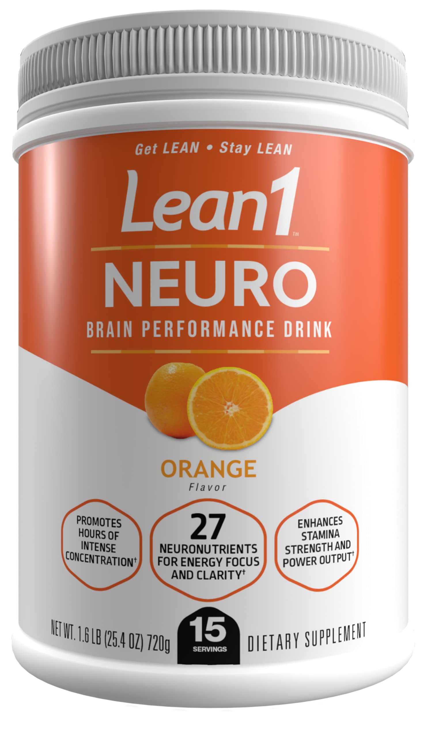 LEAN1 Suplemento para energia em pó, sabor laranja, 15 porções