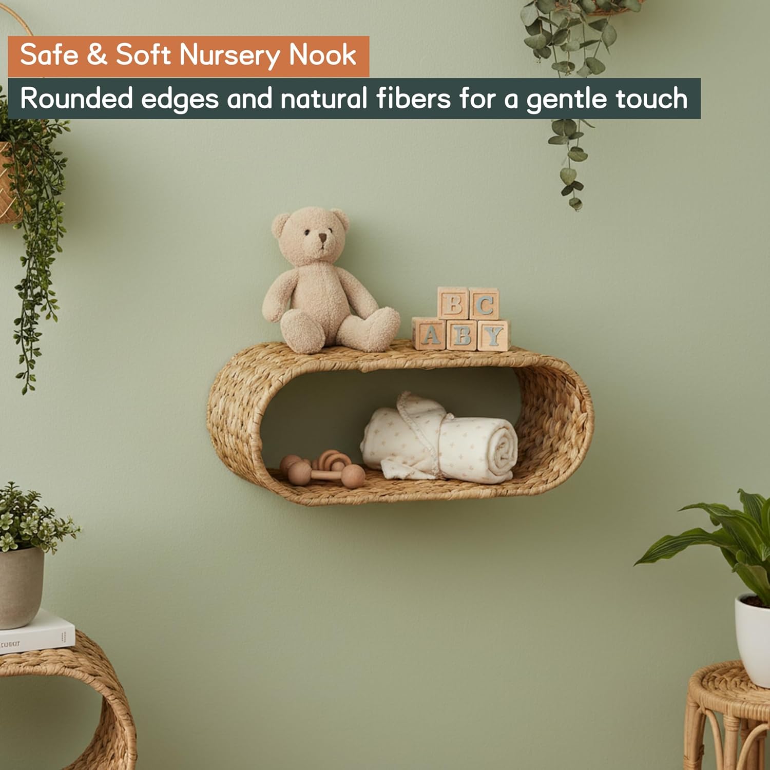 Wicker Wall Shelf,16.5'' Cute Boho Rattan Wall Mounted Shelves for Toilet Paper Storage,Plant, Book, Decorative,Natural Water Hyacinth Floating Shelves for Bathroom Decor,Nursery,Living Room