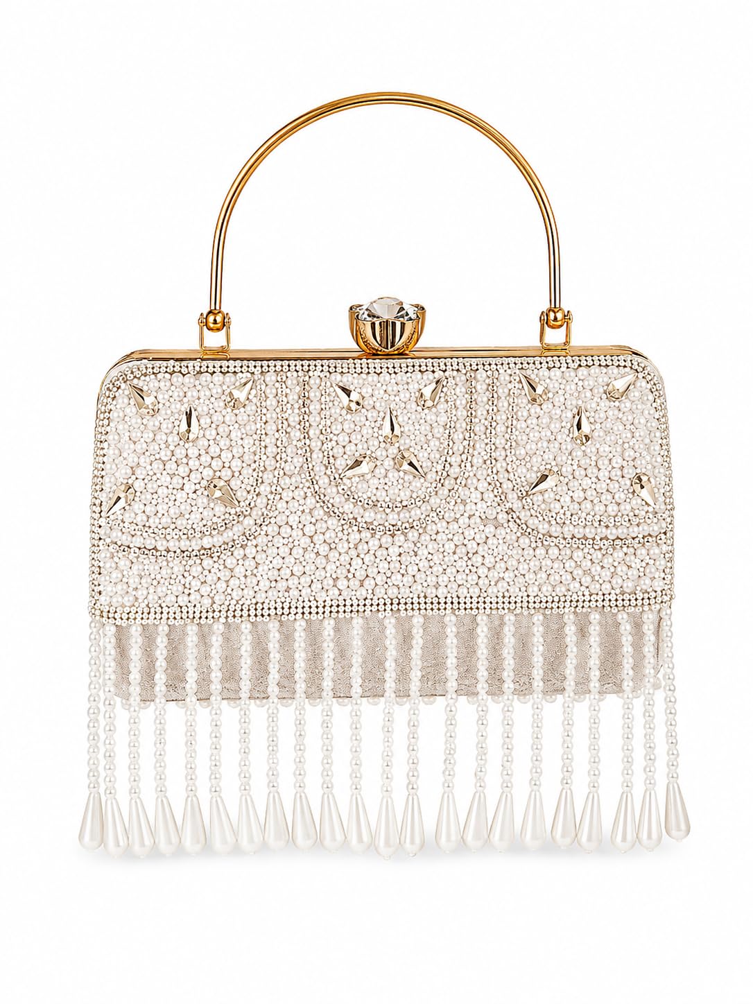 White Pearl Embellished Clutch Bag with Crystal Rhinestones, Beaded Fringe and Gold Metal Handle for Wedding and Party-image-40