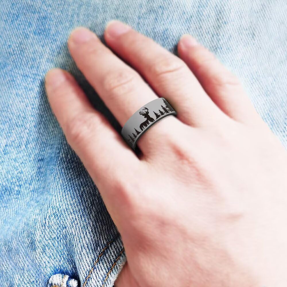 Silicone Deer Ring for Men & Women, Forest Elk Design Promise Wedding Band, Breathable Flexible Rubber Ring, Lightweight Comfort Fit for Outdoors, Hunting, Gym, Work