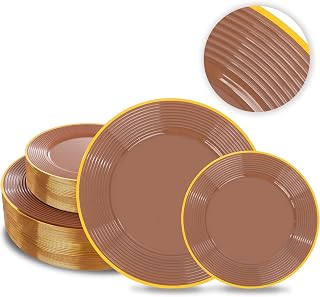 Liacere 100PCS Brown Plastic Plates - Heavy Duty Disposable Plates- Mexico Terracotta and Gold Plate 100PCS Dinner/Dessert Plate for Halloween & Birthday & Fall & Thanksgiving