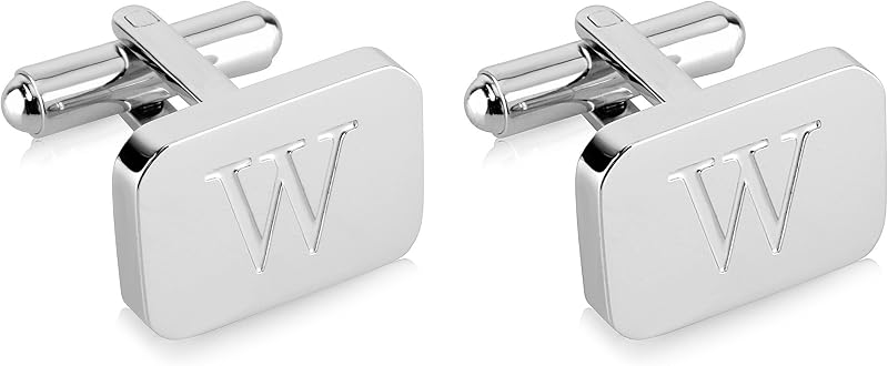 18K White-Gold Plated Initial Engraved Stainless Steel Men’s Cufflinks With Gift Box -Personalized Alphabet Letter’s A-Z By Lux & Pair