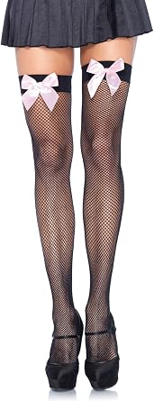Leg Avenue Womens Satin Bow Fishnet Thigh Highs