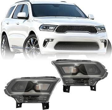 For 2021 2022 2023 Dodge Durango LED Headlight Assembly w/Halogen Signal Replacement Left Driver and Right Passenger Side Black Housing Clear Lens OEM 68433783AE 68433778AE