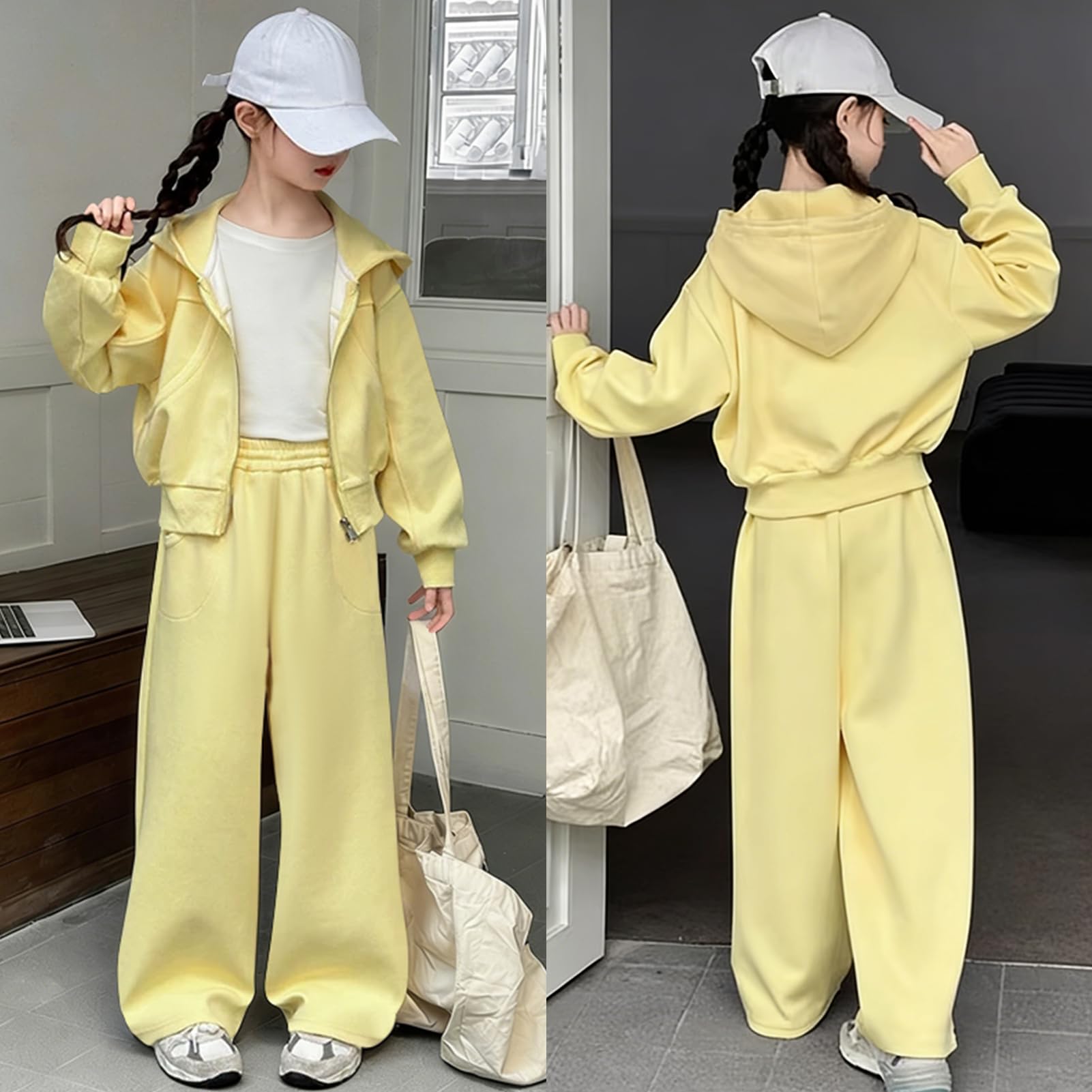 Survêtement Enfant Fille Ensemble de Sport 2pcs Veste Zippée à Capuche + Pantalons Jogging pour Printemps Automne