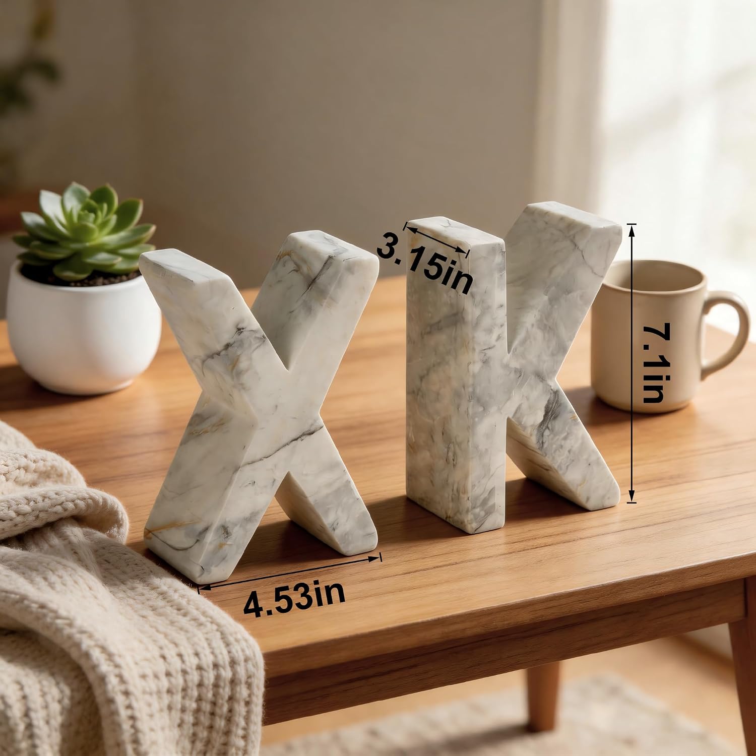 Decorative Concrete Bookends(Set of Letter X & K) - Marble-Patterned Letter Bookends for Heavy Books, Home Office, Shelf Organization, Clearance