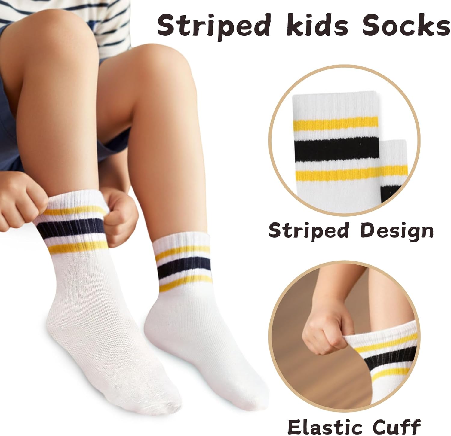 Kids Socks for Girls Boys: Retro Striped Cotton Crew Socks for School 5-12 Years Old 6 Pack - Image 4