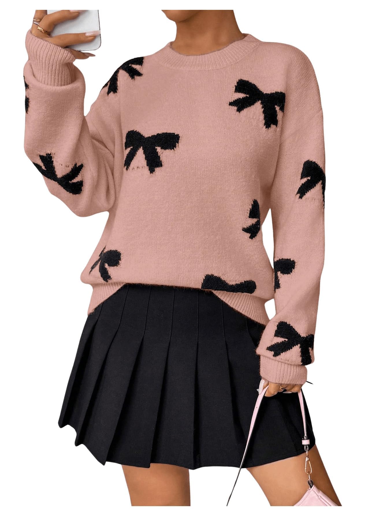 Pinclodly Bow Sweater Women Long Sleeve Crewneck Cute Sweaters Casual Vintage Sweater with Bow Winter Oversized Sweaters