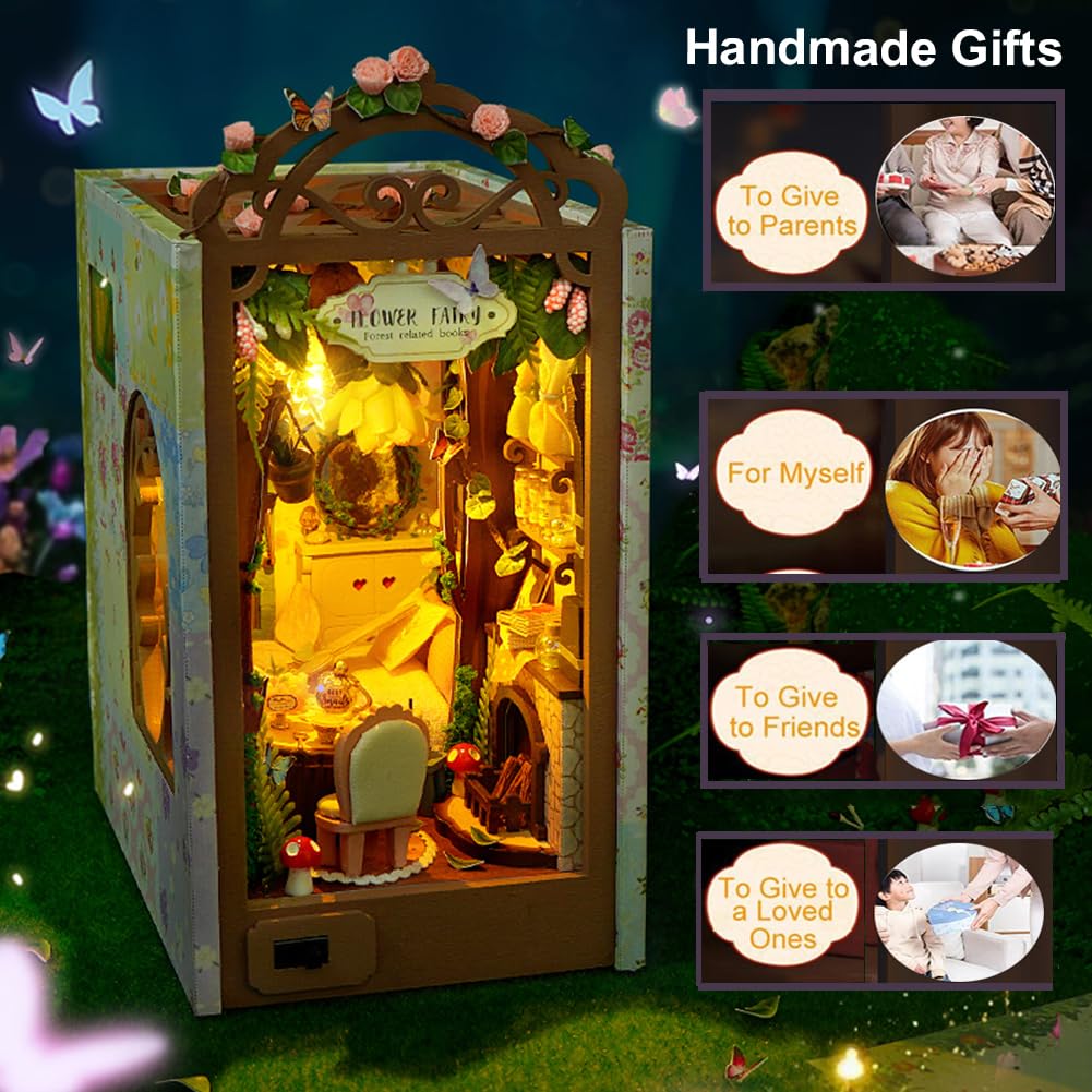 Cjeuxnr DIY Book Nook Kit Creative Book Stand Insert Bookcase Miniature House Room Model with LED Light 3D Wooden Puzzle Building