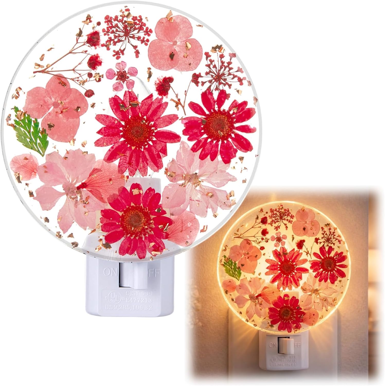 Glooglitter Pressed Flower Night Light Plug in - Handmade Dried Floral Wall Night Light, Soft Glow Decorative Nightlight for Hallway Bedroom Nursery Bathroom, Vintage Botanical Home Decor(Orange)