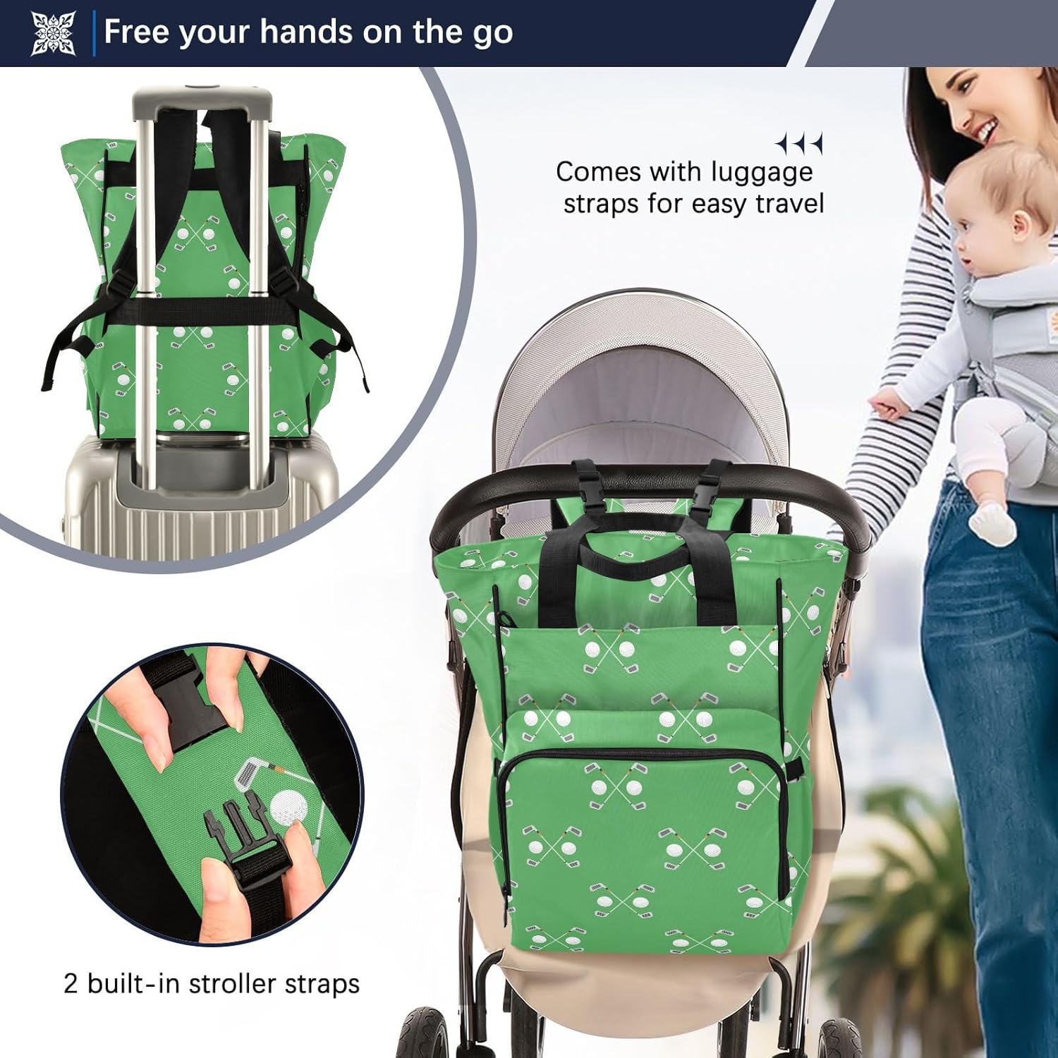 Emelivor Green Golf Ball Diaper Bag Backpack Large Capacity Multifunction Baby Bag Backpack for Boy Girl Travel Shopping Mom Dad