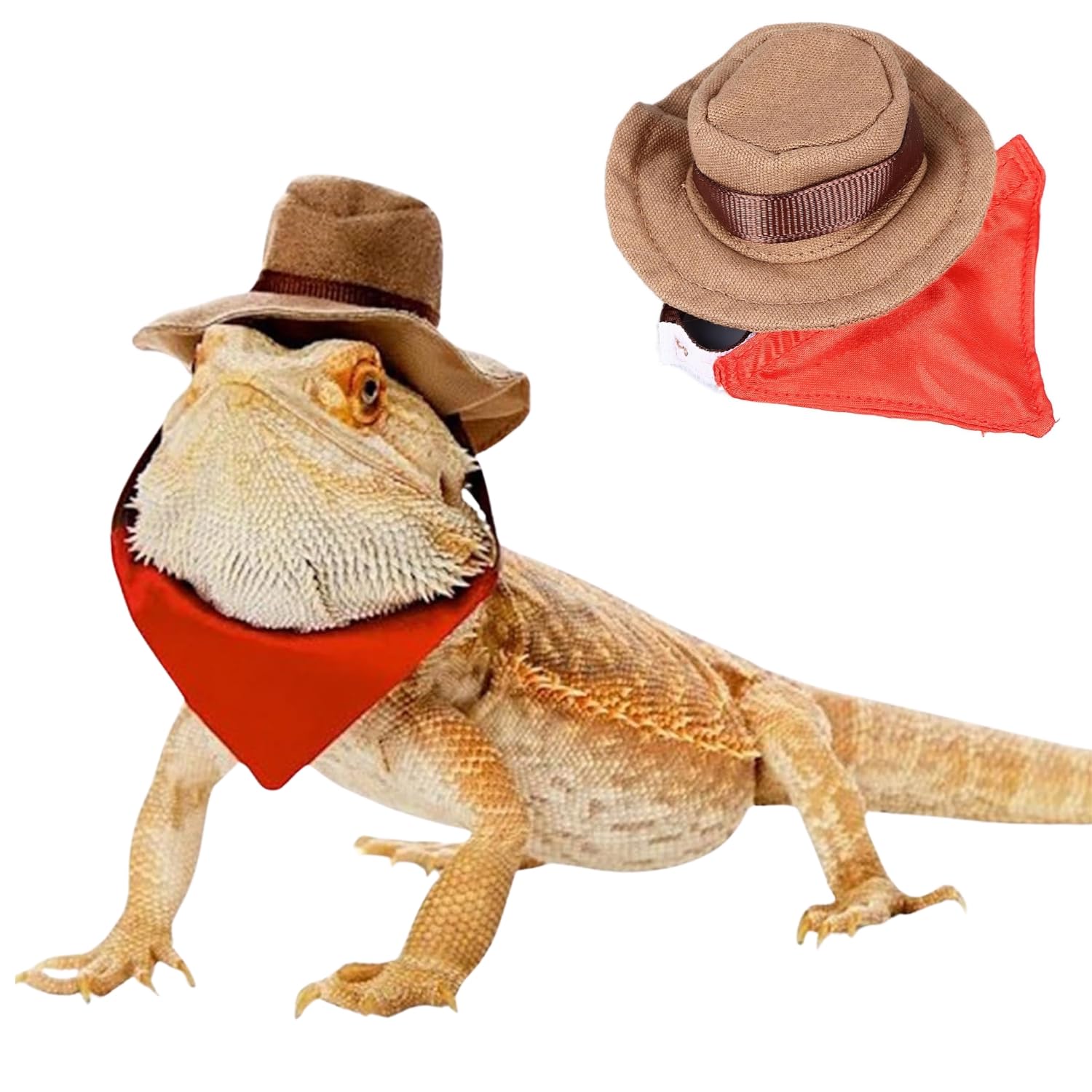 Bearded Dragon Cowboy Costume - Adjustable Lizard Cowboy Hat and Bandana Scarf Reptile Halloween Costume Photo Props for Gecko Chameleon Amphibians
