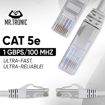 Mr. Tronic Grey Cat 5E Ethernet Cable 30m, High Speed LAN Ethernet Network Cable with RJ45 Ends Connectors, 30m Cat5E Internet 1 Gbps, ADSL AWG24 Patch, UTP CCA (30 Meters, Grey)