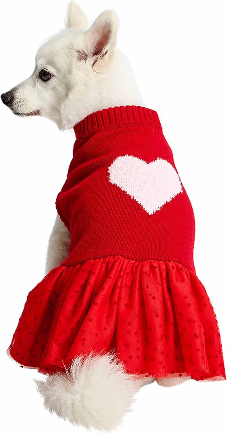 Blueberry Pet Heart Dog Sweater Dress My Cutie Princess Valentine’s Day Clothes for Medium Girl Dogs, Red Pullover Crewneck Holiday Apparel, Back Length 14”