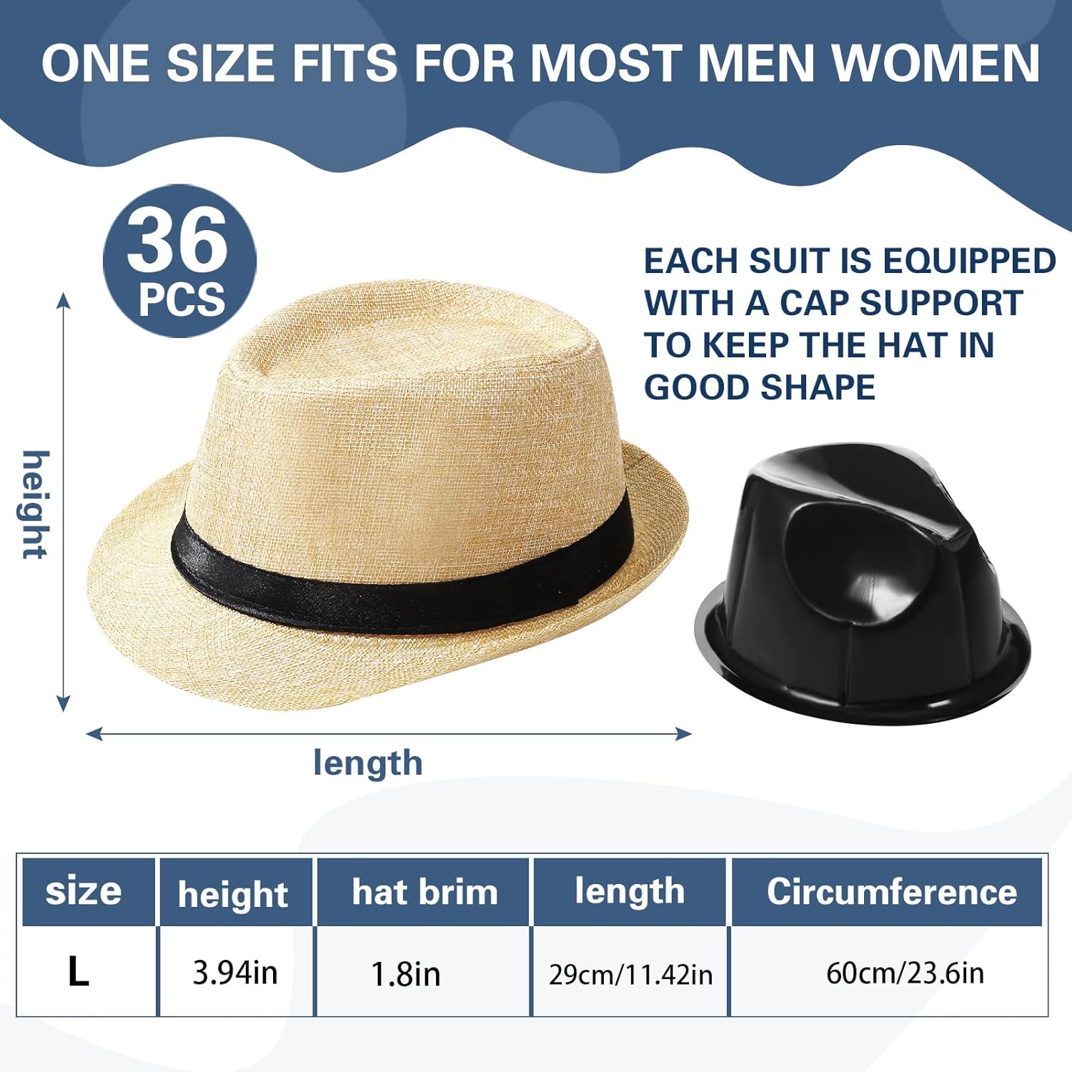 Suhine 36 Pcs Halloween Men Fedora Style Hat Bulk 20s Straw Short Brim Panama Women Party Costume, Circumference 60 cm - Image 2