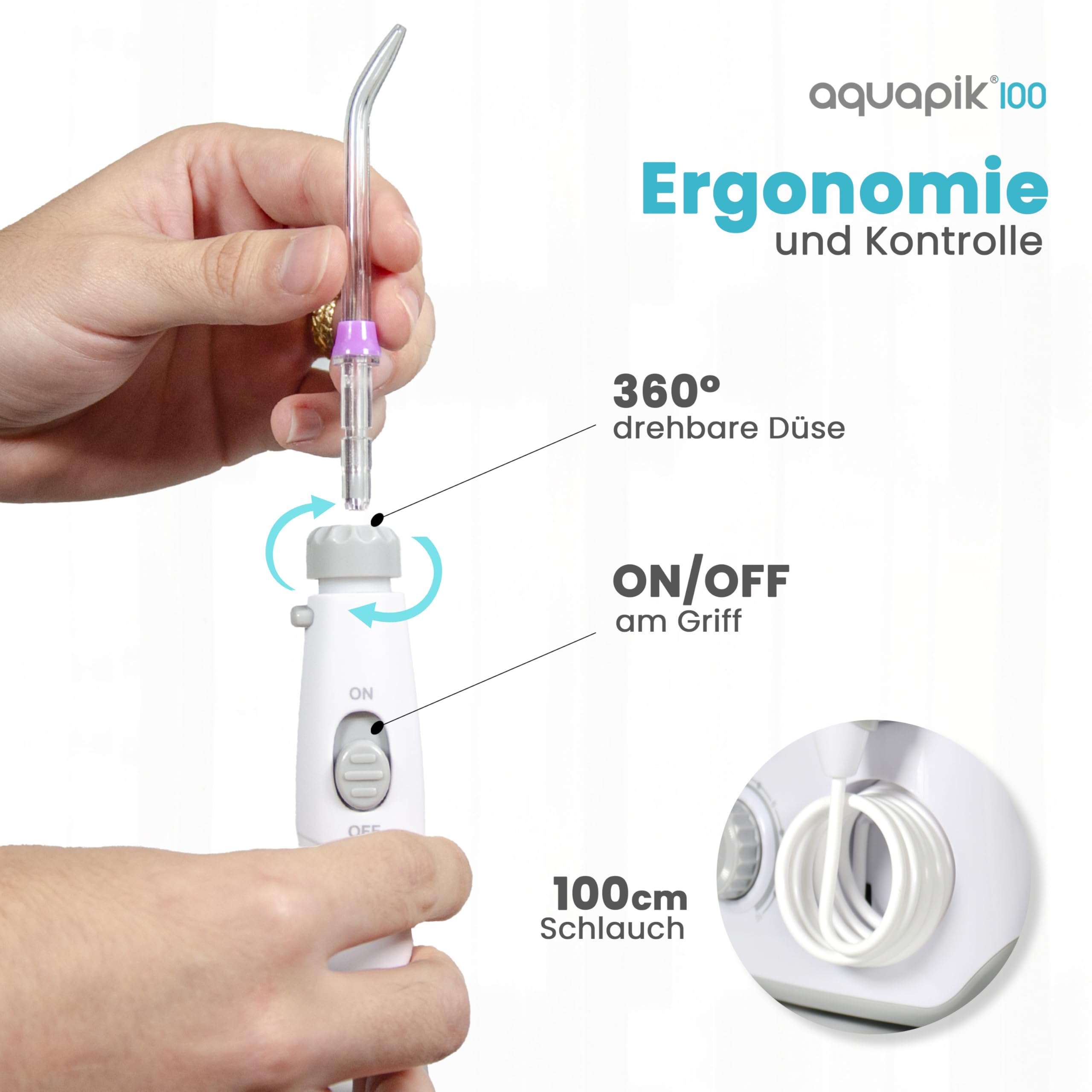 Aquapik® 100 Munddusche 600 ml 10 Stufen 8 Aufsätze Water Flosser Weiß.